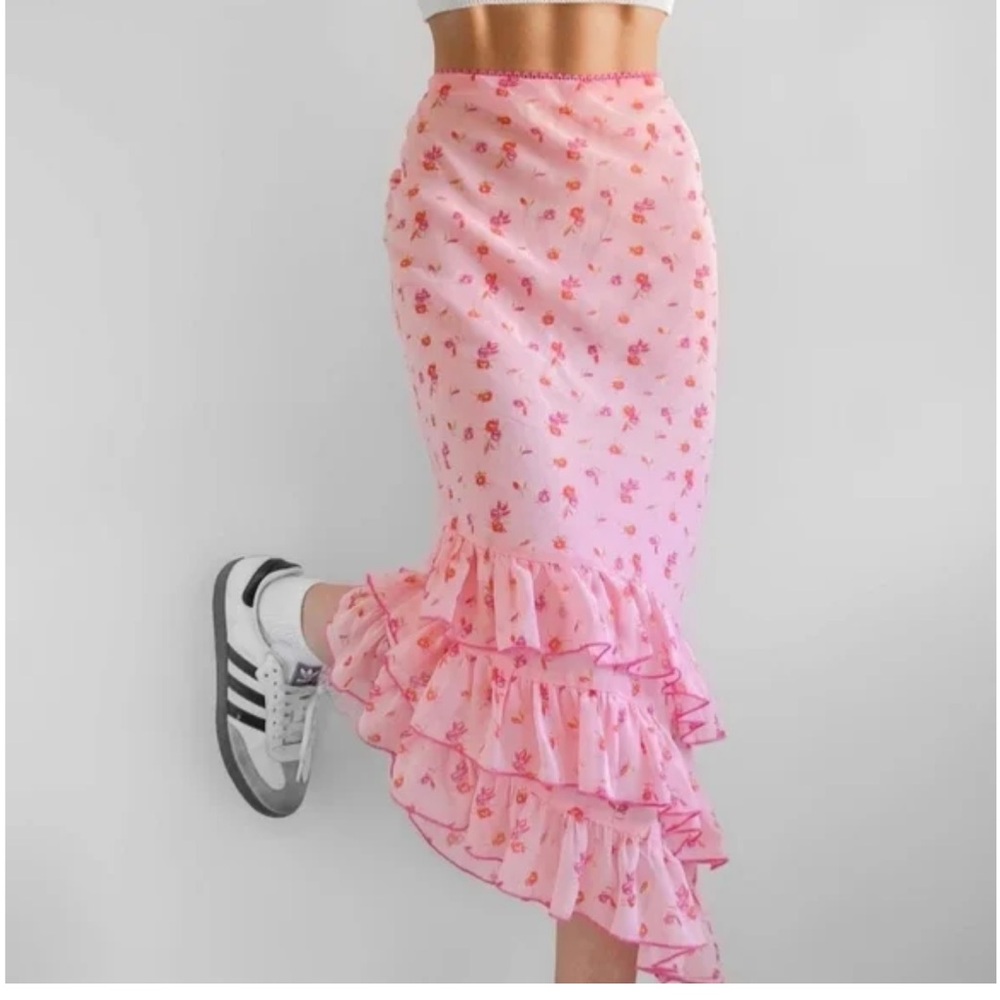Pink Ruffle Midi Skirt